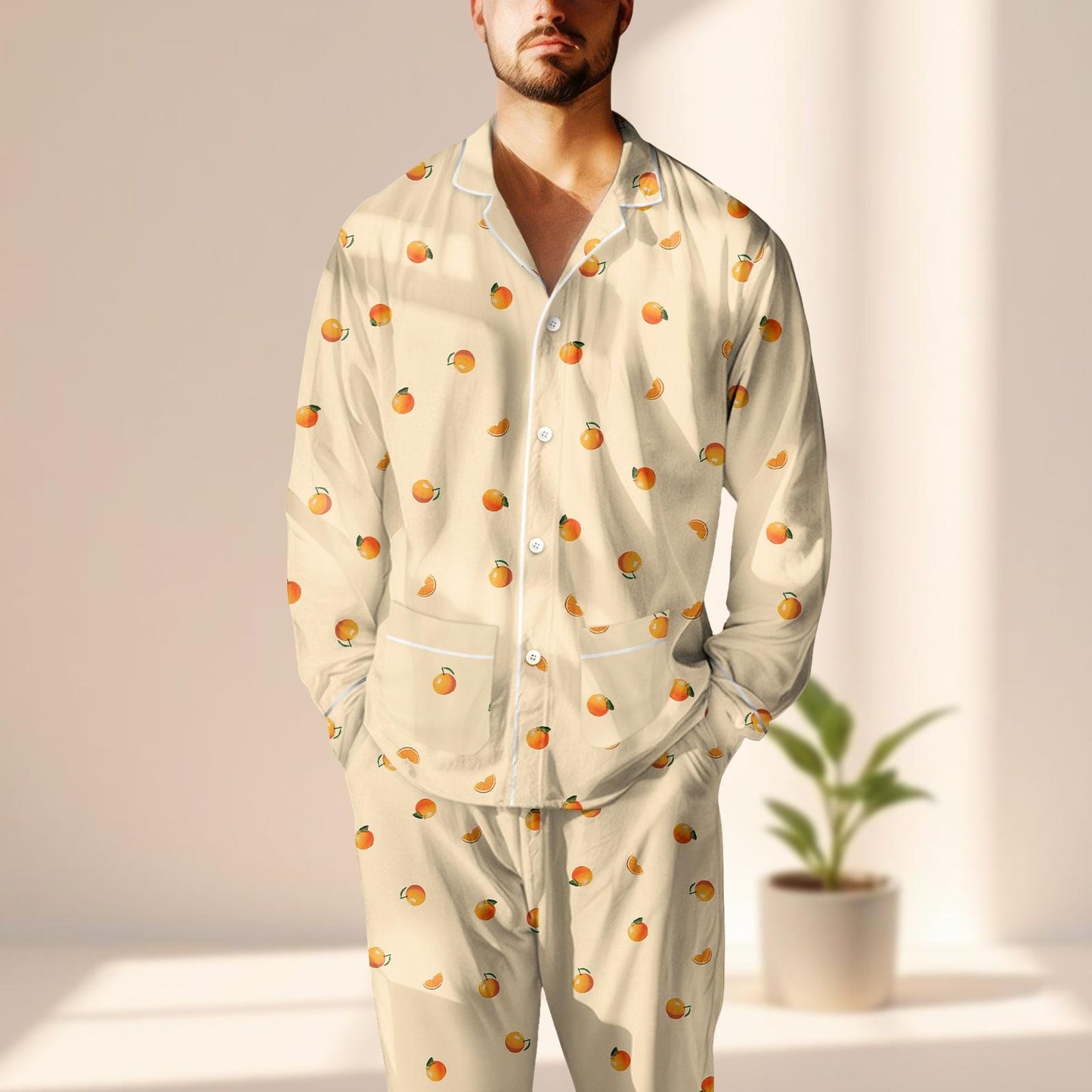 Orange Satin Pajama Set, Cute Fruit Women Sleepwear, Cream Long Pants Pjs, Kawaii Loungewear, Soft Cozy Summer Set, Funny Gift