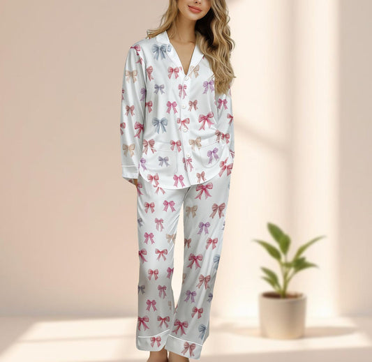 Coquette Bow Satin Pajama Set, Cute Pastel Ribbon Women Sleepwear, Kawaii Aesthetic Long Pant Pjs, Soft Girl Loungewear, Gift For Her
