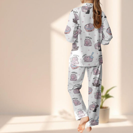 Moo Deng Satin Pajama Set, Hangry Hippo Club Sleepwear, Cute Animal Cartoon Pjs, Funny Cozy Matching Pj Set, Birthday Gift For Her