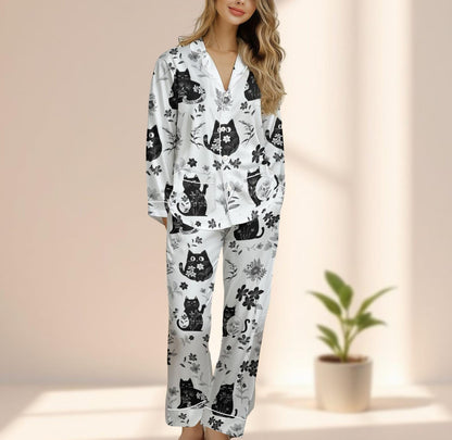 Black Cat Satin Pajama Set, Cute Animal Sleepwear, Pet Lovers Long Pants Loungewear, Witchy Cat Lover Pjs, Cozy Nightwear Set Gift