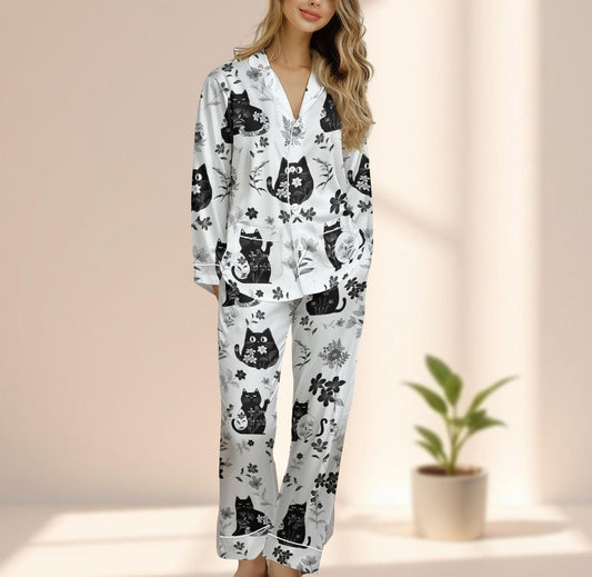 Black Cat Satin Pajama Set, Cute Animal Sleepwear, Pet Lovers Long Pants Loungewear, Witchy Cat Lover Pjs, Cozy Nightwear Set Gift