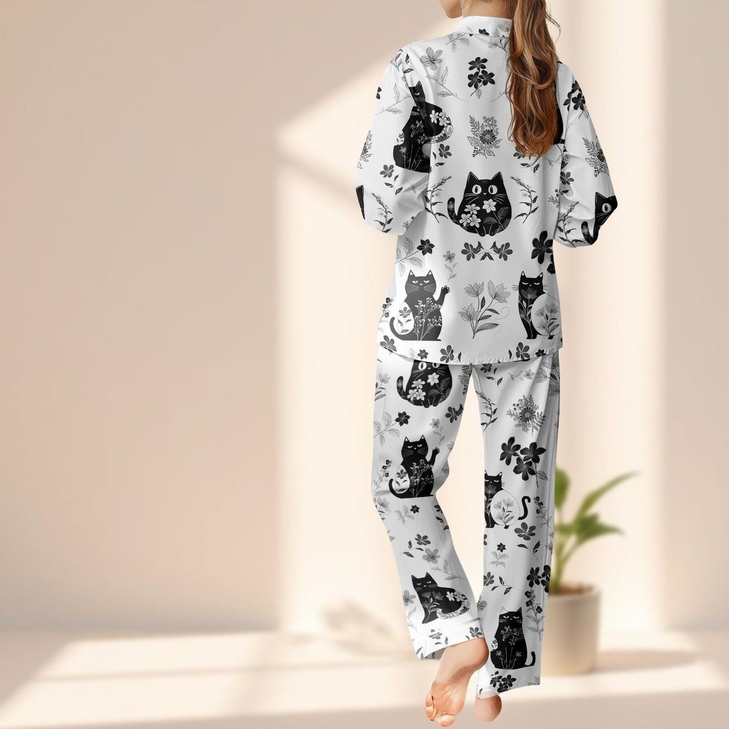 Black Cat Satin Pajama Set, Cute Animal Sleepwear, Pet Lovers Long Pants Loungewear, Witchy Cat Lover Pjs, Cozy Nightwear Set Gift