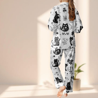 Black Cat Satin Pajama Set, Cute Animal Sleepwear, Pet Lovers Long Pants Loungewear, Witchy Cat Lover Pjs, Cozy Nightwear Set Gift