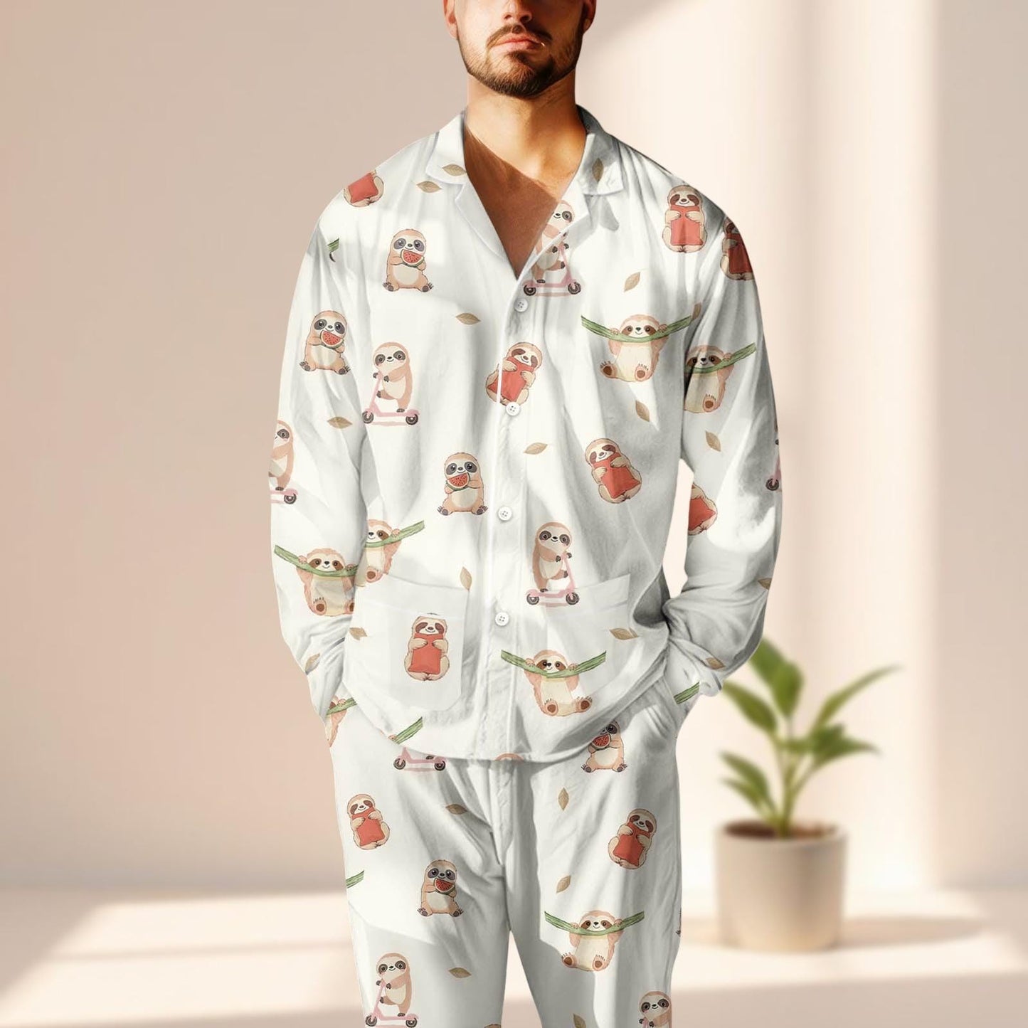 Sloth Satin Pajama Set, Animal Lovers Cozy Pj Set, Cute Kawaii Women Loungewear, Funny Long Pants Sleepwear, Birthday Gift For Her