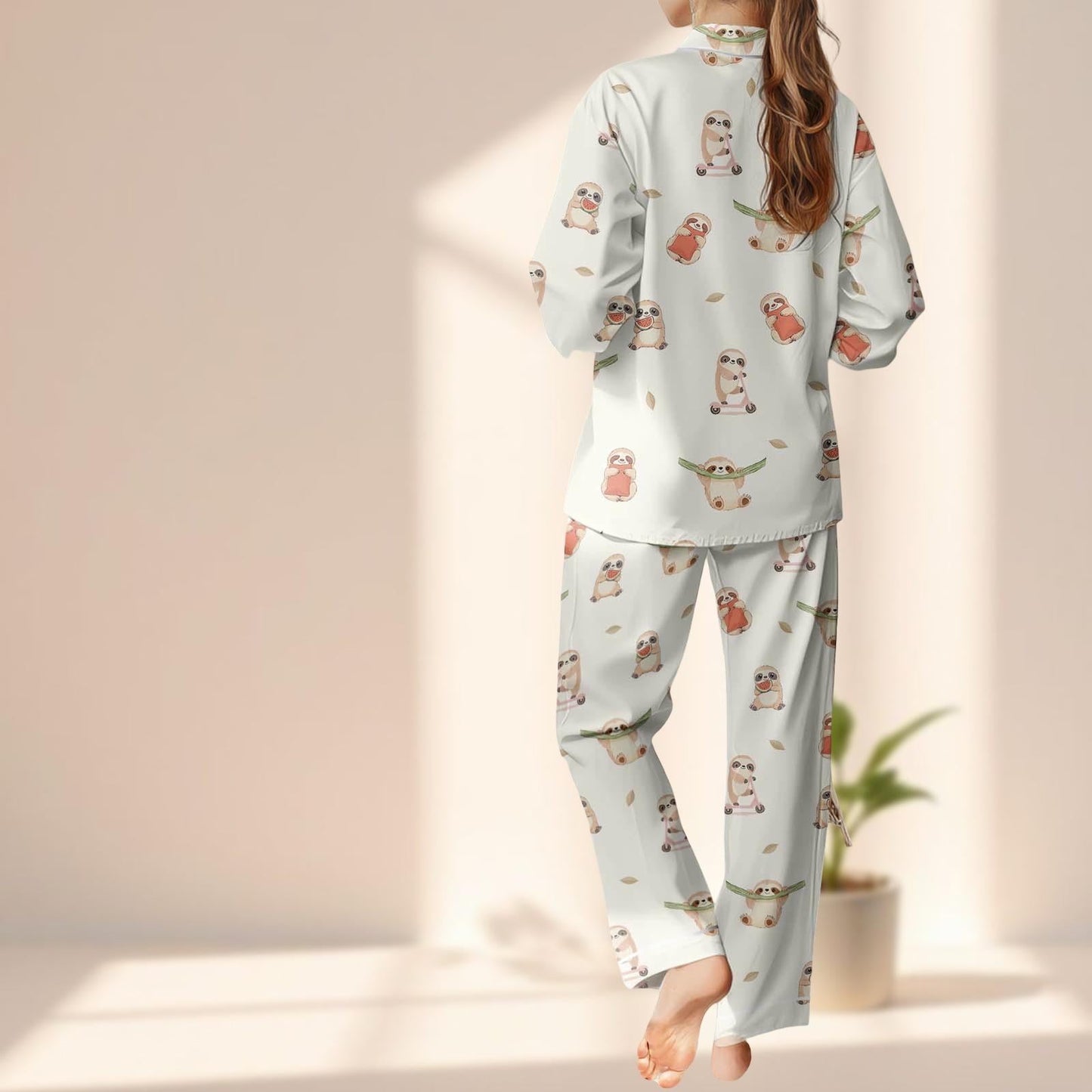 Sloth Satin Pajama Set, Animal Lovers Cozy Pj Set, Cute Kawaii Women Loungewear, Funny Long Pants Sleepwear, Birthday Gift For Her