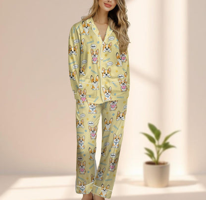 Cute Corgi Dog Satin Pajama Set, Funny Animal Sleepwear, Cartoon Puppy Pjs, Cozy Loungewear Matching Pj Set, Funny Dog Lover Gift