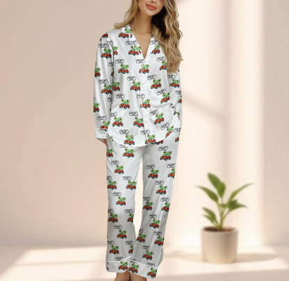 Frog Car Satin Pajama Set, Beep Beep Women Sleepwear, Cute Kawaii Cartoon Pjs, Whimsical Animal Pj Set, Cozy Loungewear, Funny Gift