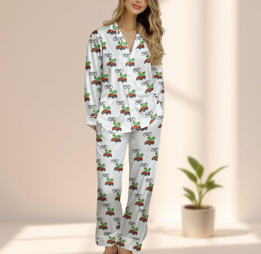 Frog Car Satin Pajama Set, Beep Beep Women Sleepwear, Cute Kawaii Cartoon Pjs, Whimsical Animal Pj Set, Cozy Loungewear, Funny Gift