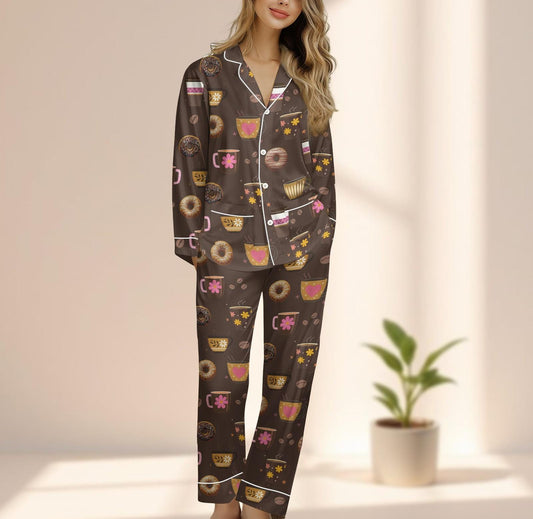 Latte Coffee And Donut Satin Pajama Set, Cute Breakfast Sleepwear, Cozy Foodie Long Pants Pjs, Foodie Matching Set, Gift For Her