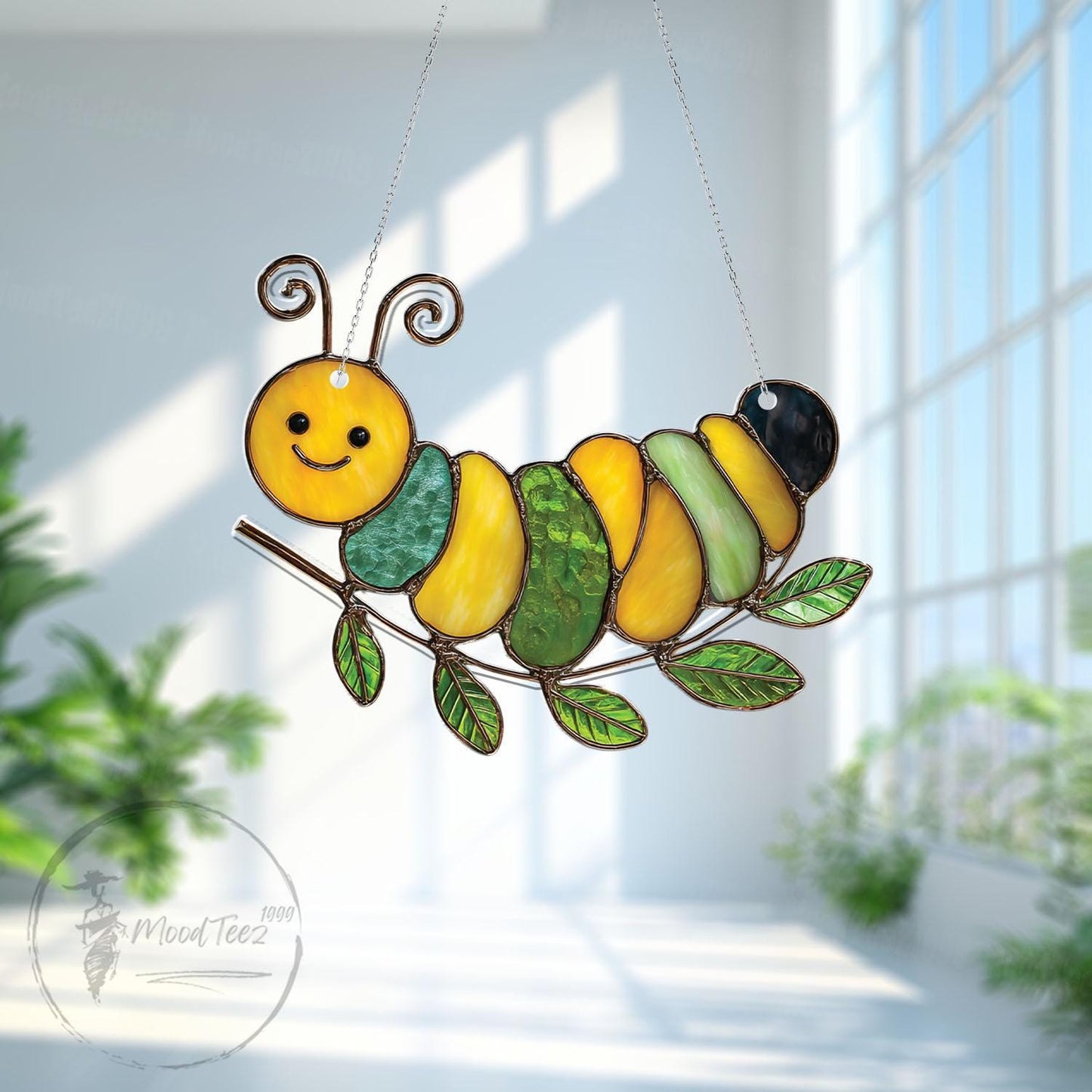 Faux Stained Glass Caterpillar Window Hanging - Cute Acrylic Bug Sun Catcher for Kids Room, Garden or Nature Gift Nursery Decor