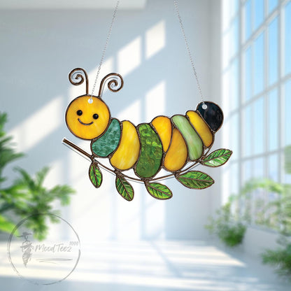 Faux Stained Glass Caterpillar Window Hanging - Cute Acrylic Bug Sun Catcher for Kids Room, Garden or Nature Gift Nursery Decor