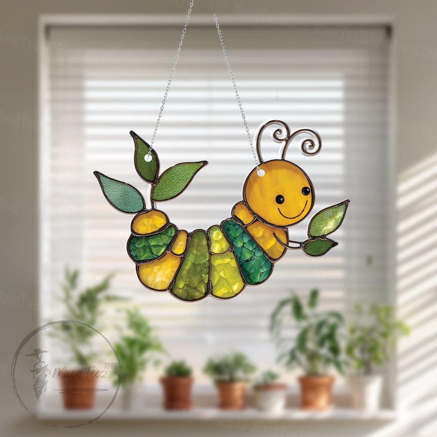 Faux Stained Glass Caterpillar Window Hanging - Cute Acrylic Bug Sun Catcher for Kids Room, Garden or Nature Gift Nursery Decor