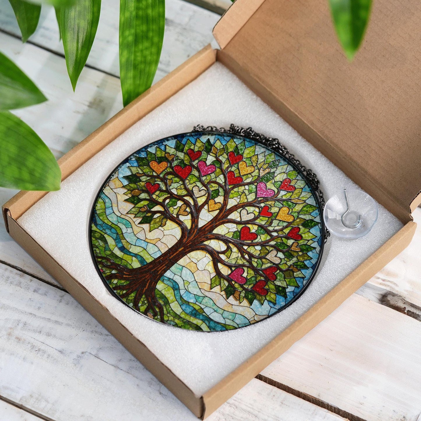 Tree of hearts stained glass round suncatcher window hanging gift for mom or loved ones