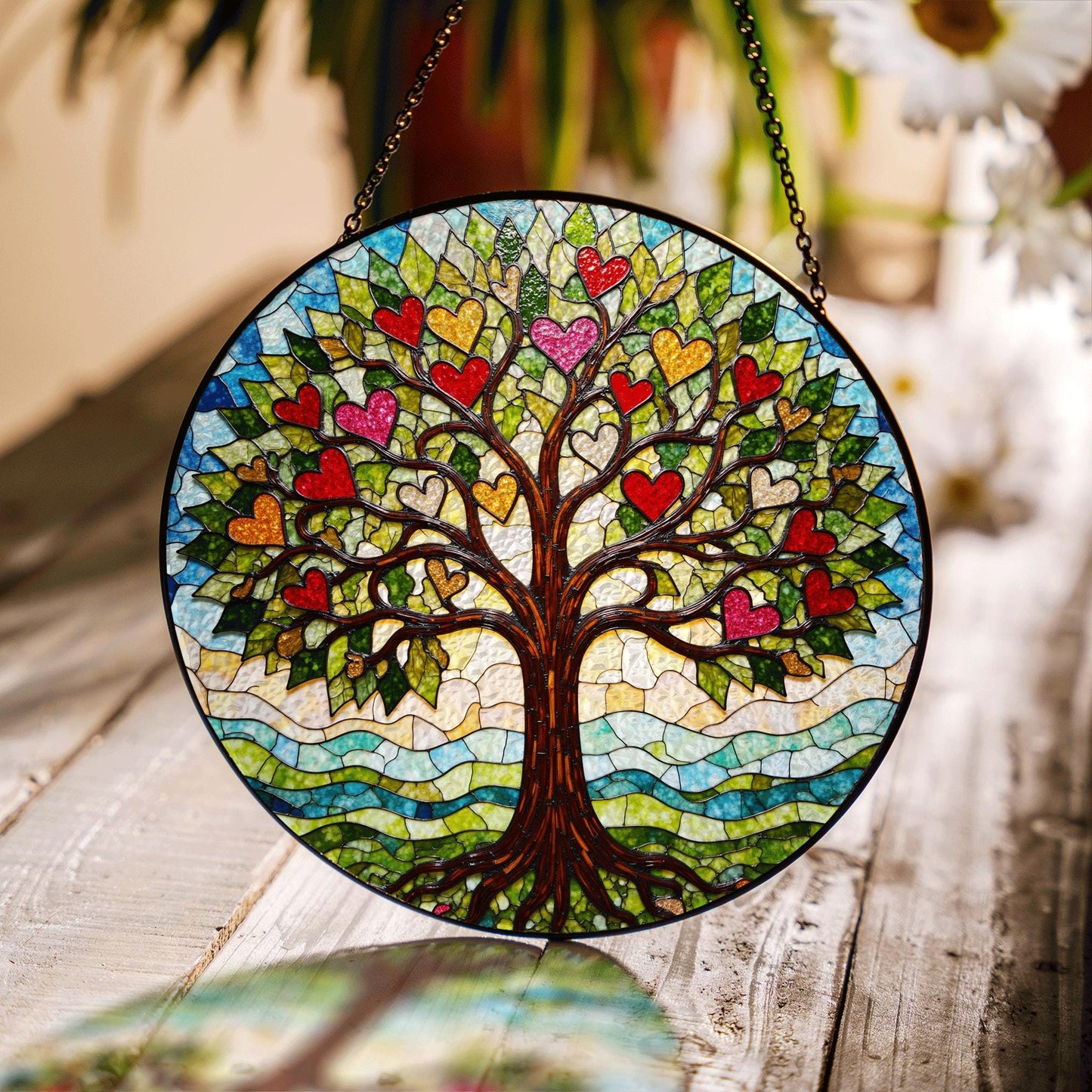 Tree of hearts stained glass round suncatcher window hanging gift for mom or loved ones