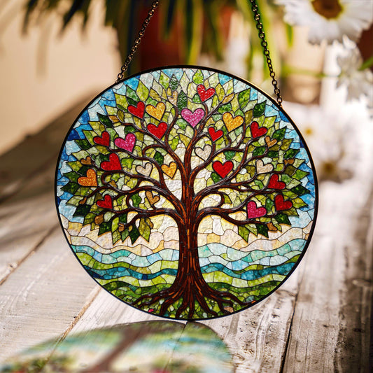 Tree of hearts stained glass round suncatcher window hanging gift for mom or loved ones
