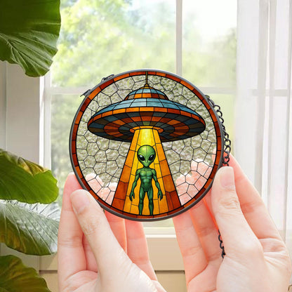 Alien UFO Abduction Stained Glass Suncatcher, UFO Wall Art, Cryptid Hanging Home Decoration, Alien Cryptozoology Decor, Spaceship Decor