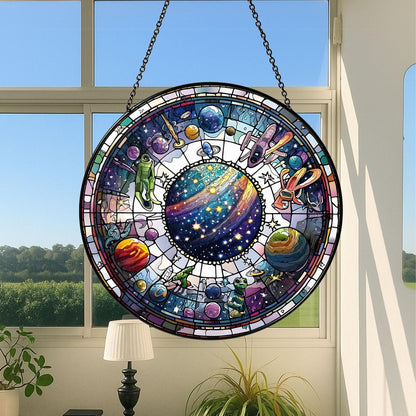 Alien UFO Stained Glass Suncatcher, Sci-Fi Decor, Stained Glass UFO Art, Outer Space Decoration, Alien Decor for Home, Celestial Suncatcher