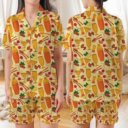 Bartender Equipment Seamless AOP Satin Short-Sleeve Pajamas Set, Cocktail Lover Sleepwear, Bar Tools Loungewear Gift for Her