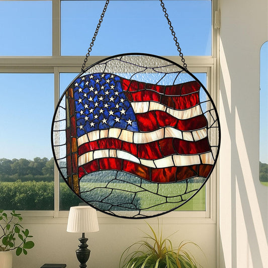 American Flag Stained Glass Suncatcher, Patriotic Window Decor, Rustic USA Theme, Veterans & Military Families, Fourth of July Gift