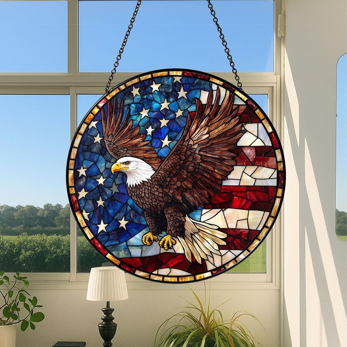 American Eagle Stained Glass Suncatcher, Patriotic Bald Eagle – American Flag Suncatcher, 4th of July Decor, Freedom Eagle Wall Window Gift