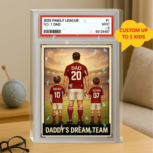 Personalized Soccer No. 1 Dad Man & Kids Trading Card Style Acrylic Block Plaque, Daddy's Dream Team Father's Day Gift, Husband Birthday
