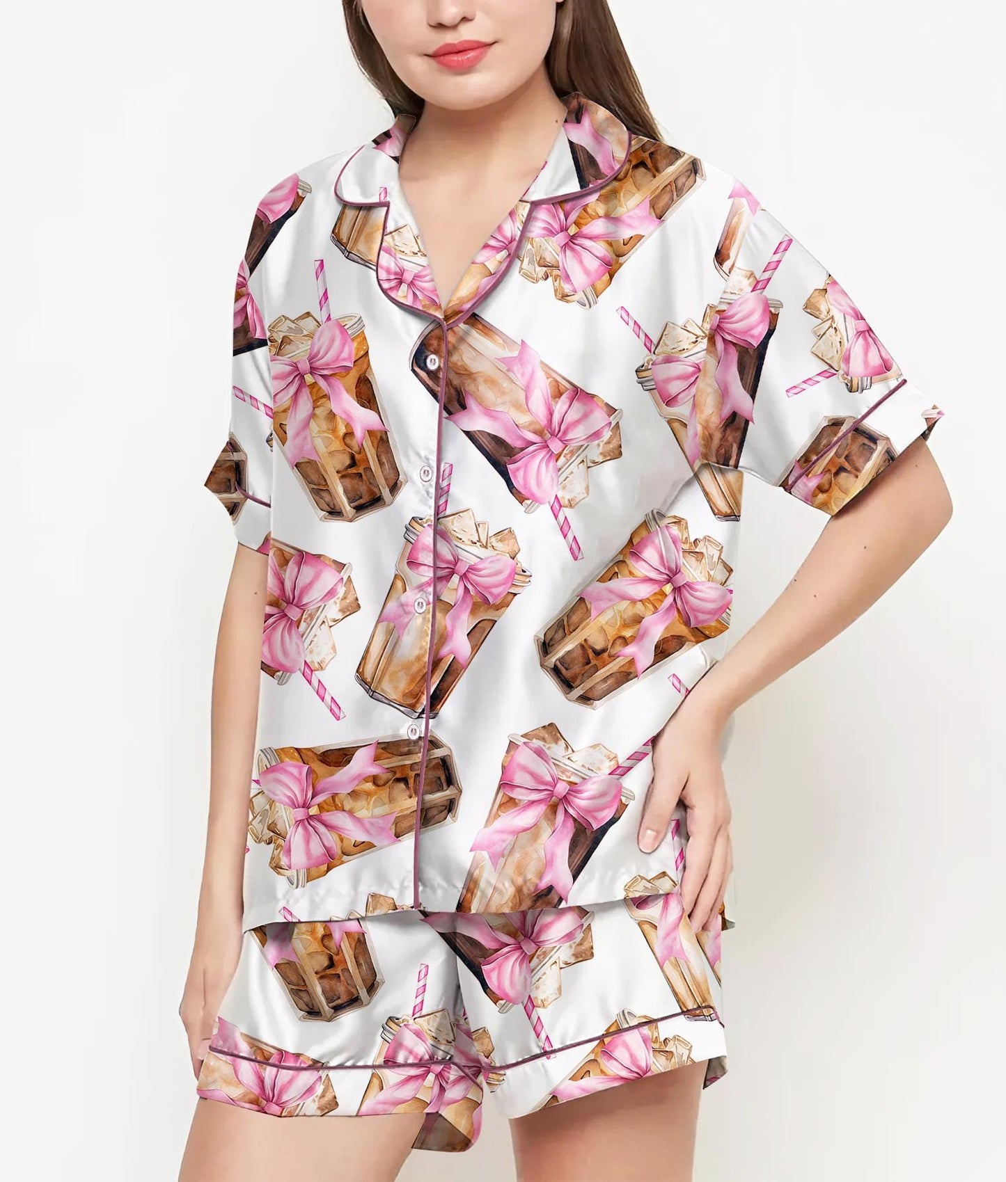 Coquette Coffee Pajamas Satin Set, Iced Coffee Shirt, Mother Day Gift, Birthday Gift,Pjs For Women, Bridesmaid Gift, Coffee Lover, Pink Bow