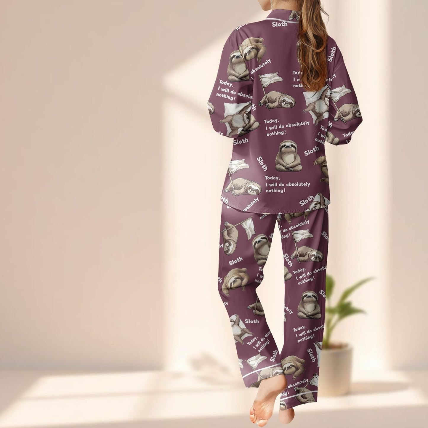 Funny Sloth Satin Pajamas Set, Today I Will Do Nothing Sleepwear, Lazy Day Loungewear, Cute Animal Matching Pjs, Gift For Her