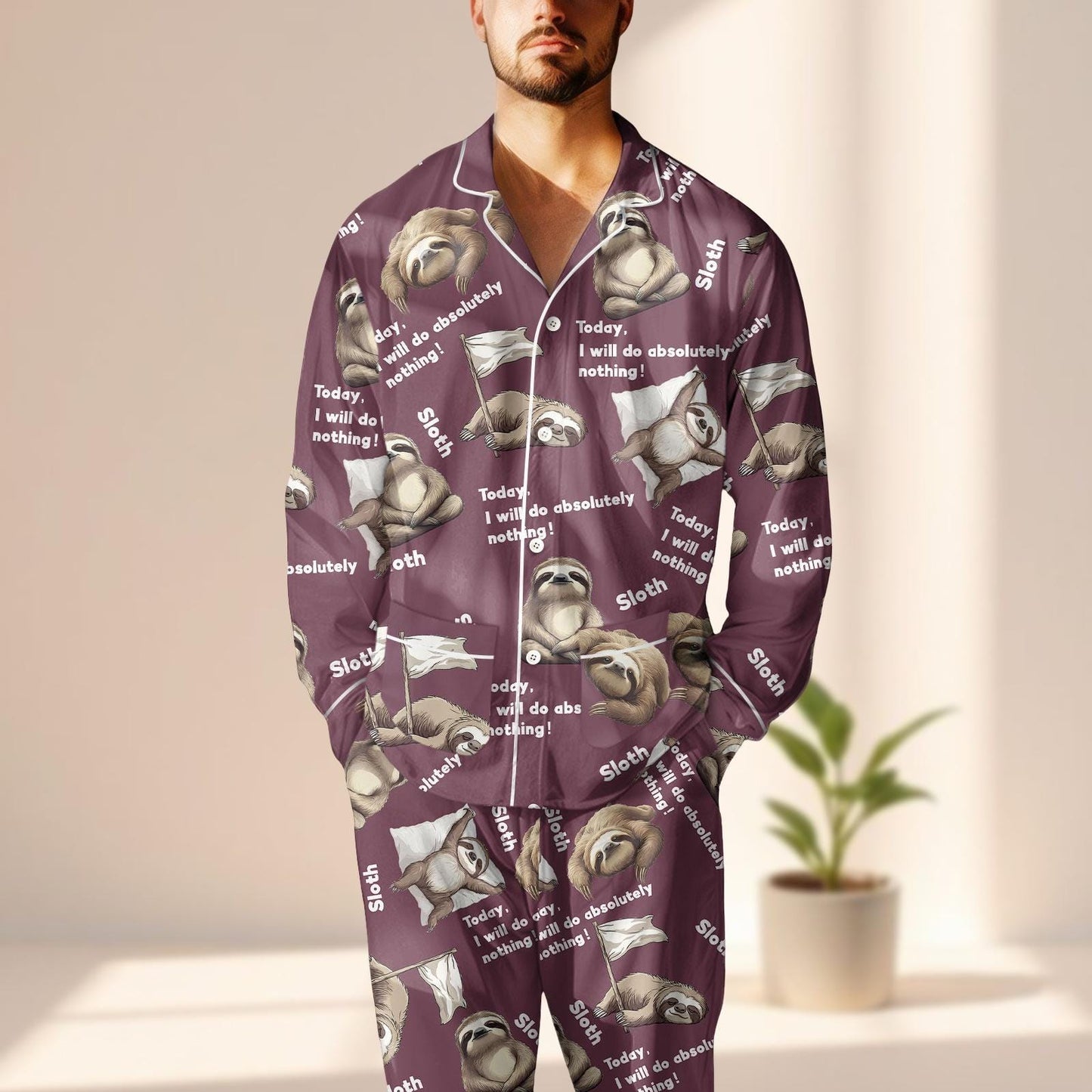 Funny Sloth Satin Pajamas Set, Today I Will Do Nothing Sleepwear, Lazy Day Loungewear, Cute Animal Matching Pjs, Gift For Her