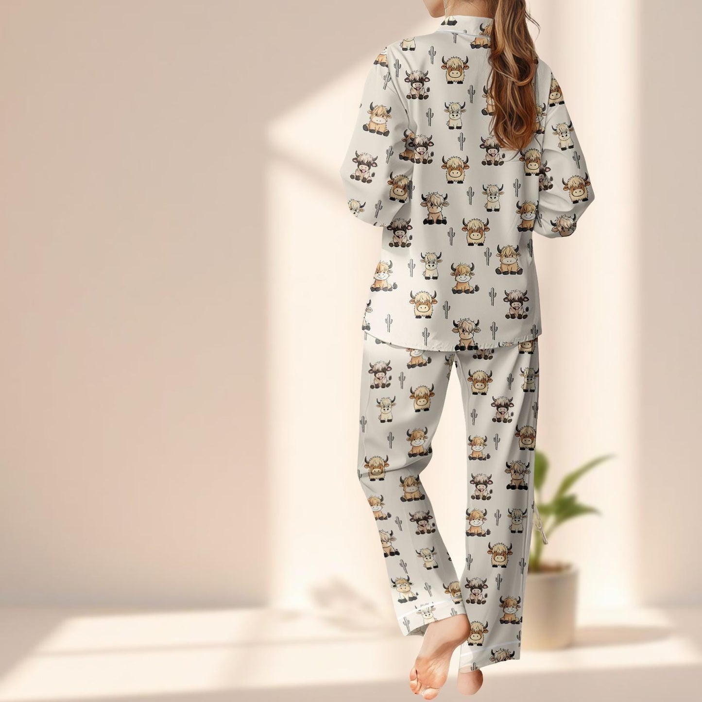 Cute Cowgirl Satin Pajamas Set, Cartoon Cowboy Cow Women Sleepwear, Western Farm Animal Loungewear, Matching Pj Set, Gift For Her