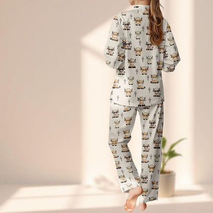 Cute Cowgirl Satin Pajamas Set, Cartoon Cowboy Cow Women Sleepwear, Western Farm Animal Loungewear, Matching Pj Set, Gift For Her