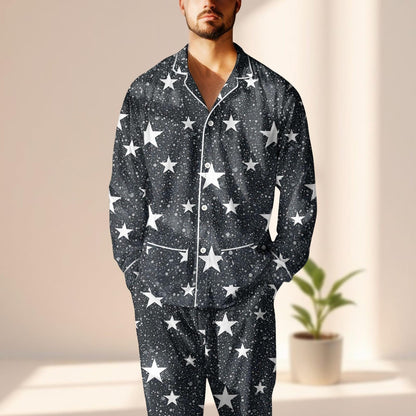 Starry Night Satin Pajamas Set, Black And White Star Women Sleepwear, Cozy Galaxy Loungewear, Celestial Matching Pjs, Gift For Her