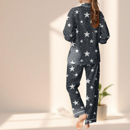 Starry Night Satin Pajamas Set, Black And White Star Women Sleepwear, Cozy Galaxy Loungewear, Celestial Matching Pjs, Gift For Her