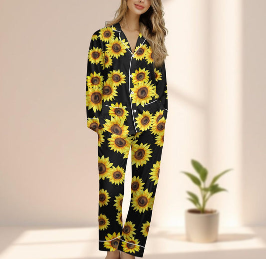Sunflower Satin Pajamas Set, Yellow Floral Women Sleepwear, Summer Cozy Loungewear, Black Background Flower Pjs, Gift For Her