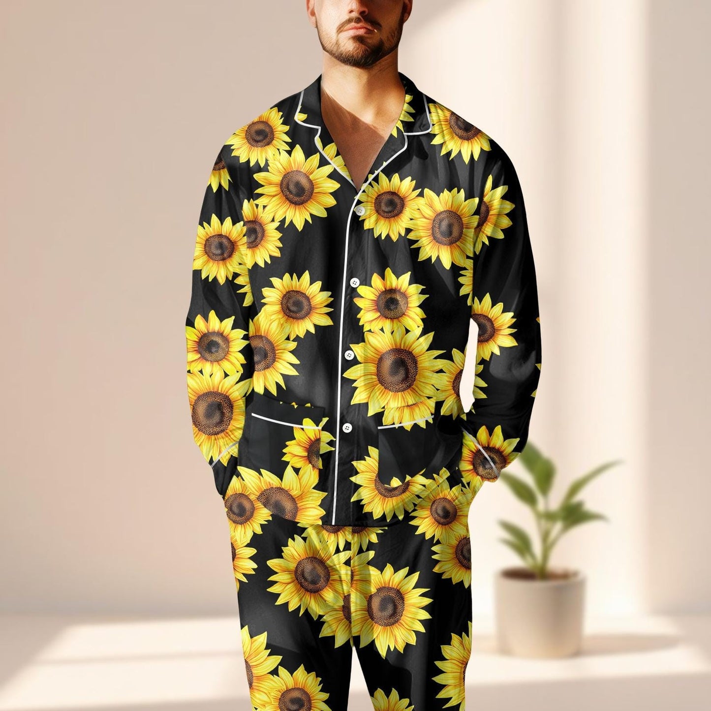Sunflower Satin Pajamas Set, Yellow Floral Women Sleepwear, Summer Cozy Loungewear, Black Background Flower Pjs, Gift For Her