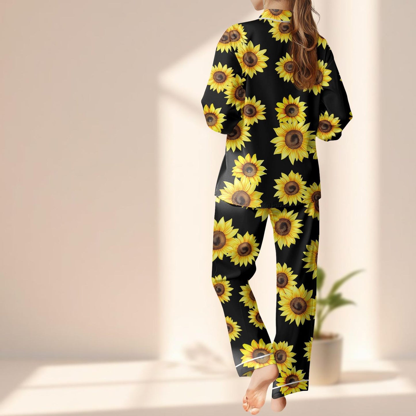 Sunflower Satin Pajamas Set, Yellow Floral Women Sleepwear, Summer Cozy Loungewear, Black Background Flower Pjs, Gift For Her