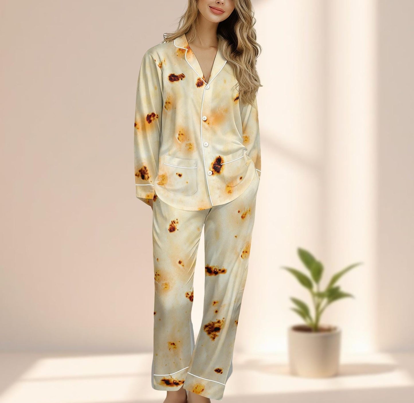 Funny Tortilla Satin Pajamas Set, Burnt Flatbread Print Sleepwear, Food Lover Loungewear, Unique Novelty Pjs Set, Gift For Her