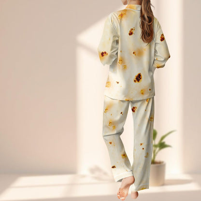 Funny Tortilla Satin Pajamas Set, Burnt Flatbread Print Sleepwear, Food Lover Loungewear, Unique Novelty Pjs Set, Gift For Her