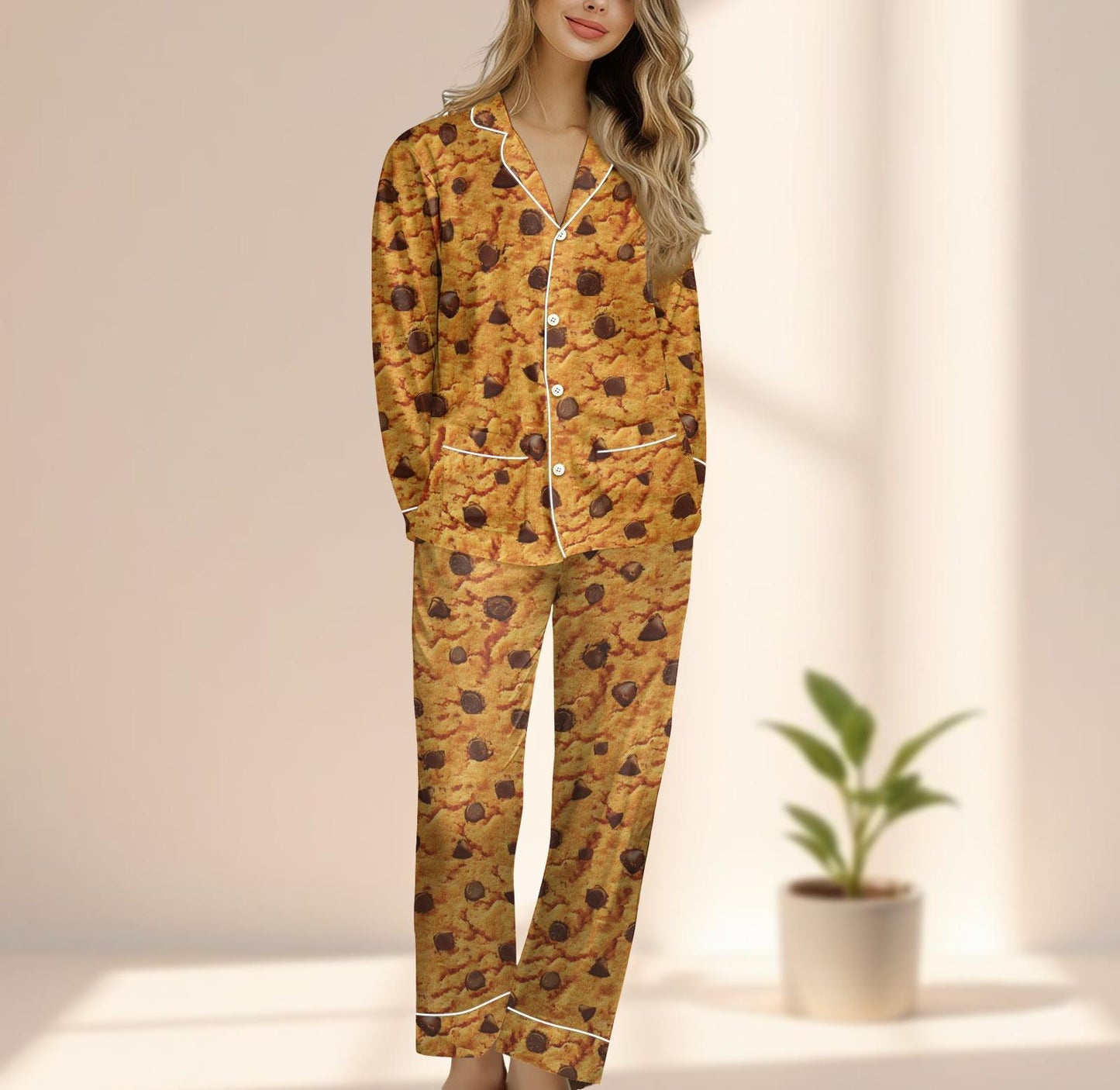 Funny Cookie Chocolate Satin Pajamas Set, Chocolate Chip Women Sleepwear, Food Lover Matching Pjs, Cozy Loungewear, Gift For Her