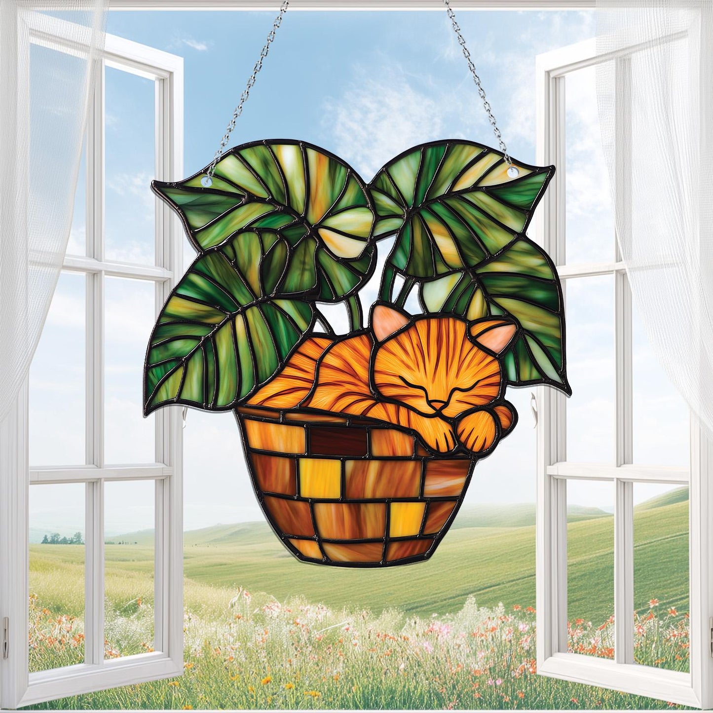 Orange Cat Sleeping In Plant Pot Window Hanging, A Cozy Sleeping Cat Gift, Tropical Leaf Pot Decor, Botanical Jungle Ornament, Memorial Gift