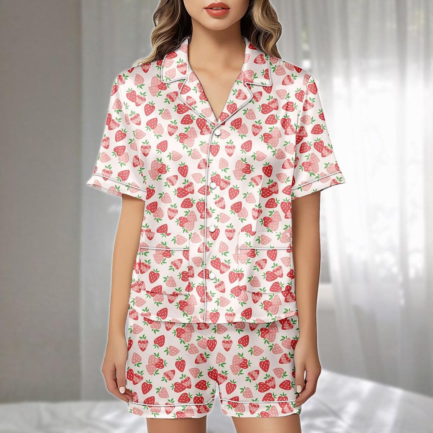 Strawberry Cartoon Satin Pajamas Set, Pink Fruit Print Short Sleepwear, Kawaii Summer Loungewear, Cute Women Pajamas Set, Funny Gift