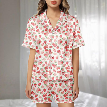 Strawberry Cartoon Satin Pajamas Set, Pink Fruit Print Short Sleepwear, Kawaii Summer Loungewear, Cute Women Pajamas Set, Funny Gift