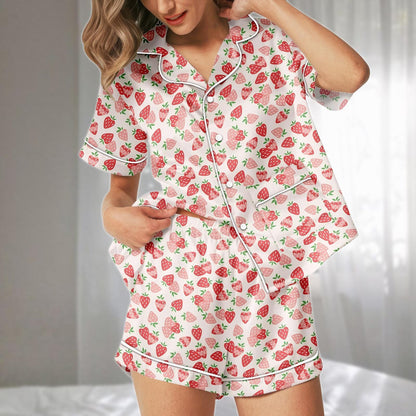 Strawberry Cartoon Satin Pajamas Set, Pink Fruit Print Short Sleepwear, Kawaii Summer Loungewear, Cute Women Pajamas Set, Funny Gift