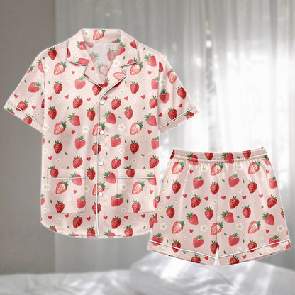 Kawaii Strawberry Satin Pajamas Short Set, Pink Heart And Floral Sleepwear, Cute Summer Pajamas Set, Matching Pajamas, Gift For Her