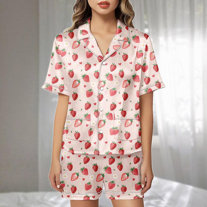 Kawaii Strawberry Satin Pajamas Short Set, Pink Heart And Floral Sleepwear, Cute Summer Pajamas Set, Matching Pajamas, Gift For Her
