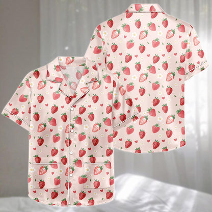 Kawaii Strawberry Satin Pajamas Short Set, Pink Heart And Floral Sleepwear, Cute Summer Pajamas Set, Matching Pajamas, Gift For Her