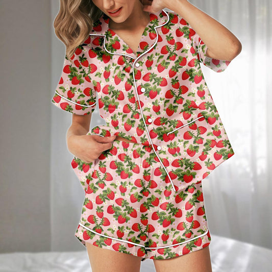 Cute Strawberry Satin Pajamas Set, Short Summer Sleepwear Set For Women, Girly Loungewear, Matching Pajamas Set, Gift For Her