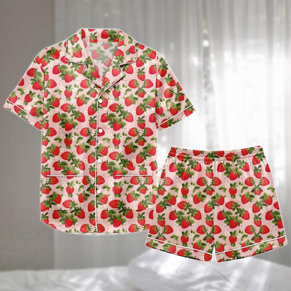 Cute Strawberry Satin Pajamas Set, Short Summer Sleepwear Set For Women, Girly Loungewear, Matching Pajamas Set, Gift For Her