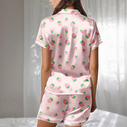 Strawberry Satin Pajamas Short Set, Pink Fruit And Flower Print Womens Pj Set, Cute Sleepwear For Summer Nights, Gift For Her