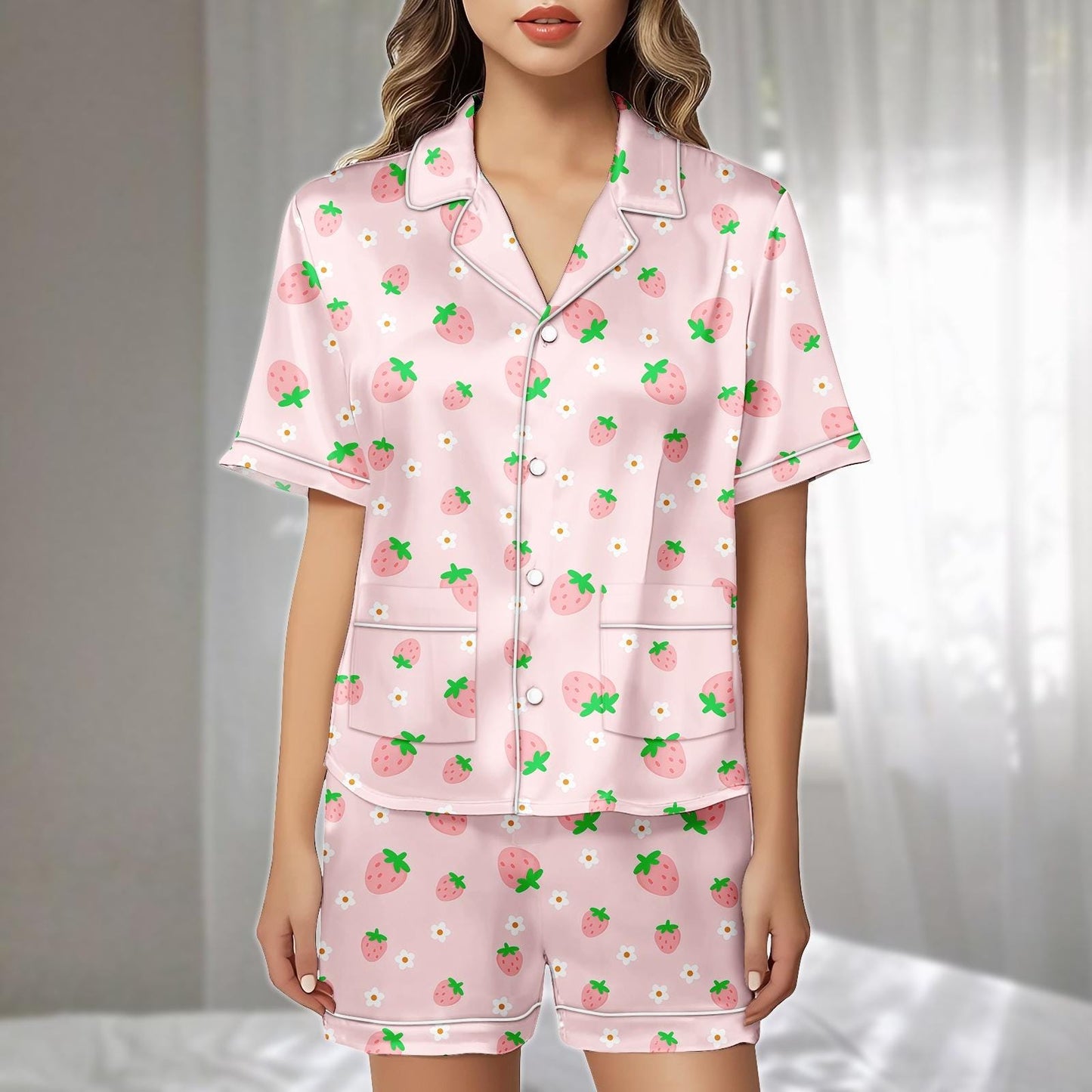 Strawberry Satin Pajamas Short Set, Pink Fruit And Flower Print Womens Pj Set, Cute Sleepwear For Summer Nights, Gift For Her