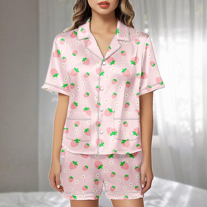 Strawberry Satin Pajamas Short Set, Pink Fruit And Flower Print Womens Pj Set, Cute Sleepwear For Summer Nights, Gift For Her